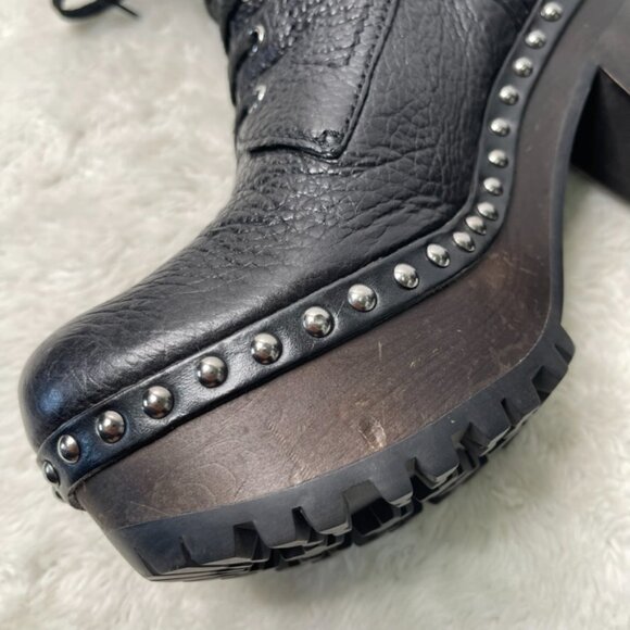 Miu Miu Women's Black Leather Heeled Lace Up Wooden Boots Size 40 - Picture 9 of 16